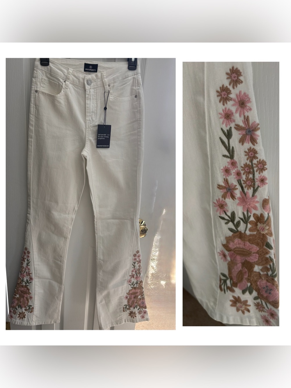 Prosperity Ivory Floral Embroidered Flare Jeans with vintage feel boho style - Picture 2 of 6